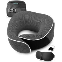 Proglobe Almofada de pescoço para viagem 100% espuma viscoelástica – Kit essencial de viagem de avião e carro com máscara 3D para os olhos, tampões de ouvido e bolsa de malha – Almofada de suporte