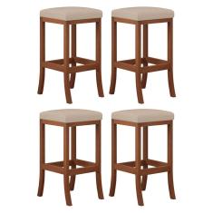Kit 4 Banquetas Média Estofada Barcelona 38x64Cm Bancada Madeira Maciça Castanho Suede Bege - CCS