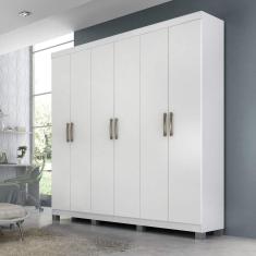 Guarda Roupa Casal em MDF 6 Portas 3 Gavetas Espelho Interno Giratório e Pés Clara Panan Móveis Branco