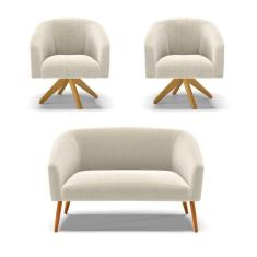 Kit 1 Sofá Namoradeira E 2 Poltronas Stella Bouclê Bege Base De Madeira Ma30 - D`rossi