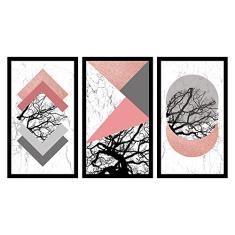 Kit 3 Quadros Decorativos Grandes com MOLDURA Galhos Formas Geométricas Rosa