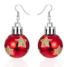 Brincos de pingente de gota com enfeite de lâmpada vermelha e verde de Natal, flor de floco de neve, estrela da sorte, bola redonda, brincos de argola de gancho, moda de Natal, joias festivas,