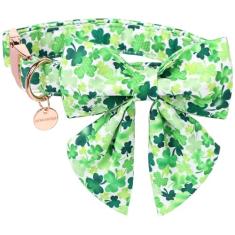 DOGWONG Coleira de cachorro do Dia de São Patrício - Coleira de cachorro com trevos fofos com laço, coleiras de algodão com fivela de metal para cães pequenos, médios e grandes