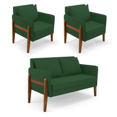Kit 1 Sofá Namoradeira E 2 Poltronas Lana Veludo Base De Madeira - D`rossi Cor Verde