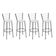 Kit 4 Banquetas Altas Cromada com Encosto Assento Branco - Jaddi