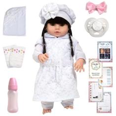 Boneca Tipo Reborn Cabelo Longo Morena Fofa Diversos Itens - Cegonha R