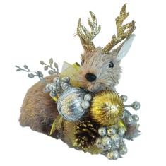 Rena Baby Deitada 21cm Pele Bege e Dourada Enfeite de Natal Saldão