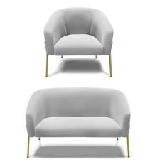 Sofá Namoradeira e Poltrona Pé de Ferro Dourado Stella Suede Cinza D03