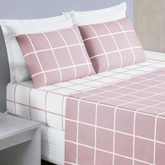 Jogo Cama Lençol Brooklyn Queen Quadriculado Micropercal 200 Fios 4 Peças - Rosa