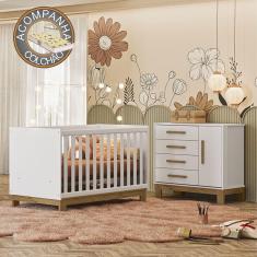 Quarto de Bebê Qencanto Slim com Cômoda 4355 e Berço 4315 Qmovi Branco Acetinado + Colchão Gazin