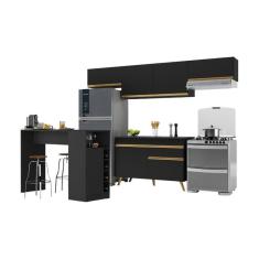 Armário De Cozinha Modulado Com Bancada Veneza Multimóveis Mp2212 Preto/dourado Preto/dourado