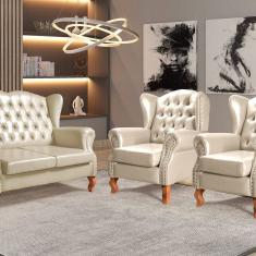 Conjunto Imperador Sofá com Poltronas Chesterfield Decoração Retrô Vintage Bege