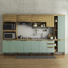 Cozinha Modulada 6 Peças 2 Aéreos 2 Balcões 1 Paneleiro e 1 Torre Quente  Magnólia Mel/Verde