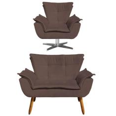 Kit Namoradeira 2 Lugares e 1 Poltrona Decorativa Giratória Cromada Op