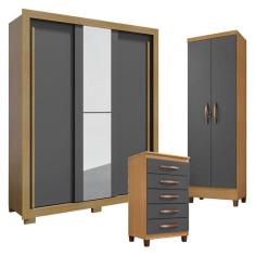 Guarda Roupa Solteiro Nevoa Flex 3 Portas de Correr com Cômoda Cannes 5 Gavetas e Armário Multiuso Egito Carvalho Americano Grafite - Incorplac