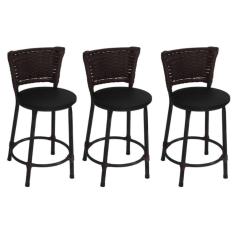 Kit 3 Banquetas Baixas Preta com Encosto Junco Argila Assento Preto