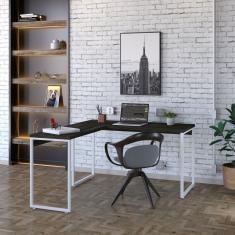 Mesa De Escritório Em L Estilo Industrial 135x150cm Kuadra Carvalho Dark - Est.branca