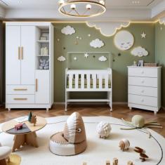 Quarto de Bebê Completo com Cômoda, Mini Berço com Colchão e Guarda Ro