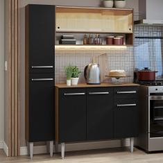 Cozinha Compacta Emilly 7 Portas 1 Gaveta 137cm Preto Rustic com Vidro e Pés Reguláveis