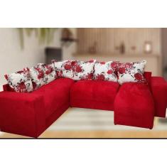 Sofá de Canto 6 lugares Tecido Suede Vermelho Floral