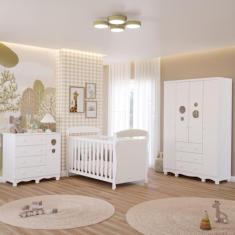 Quarto Bebê Completo Berço Americano Marquesa 3 em 1 Guarda Roupa 4 Portas Cômoda Bolinha 100% MDF