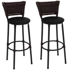 Kit 2 Banquetas Médias Preta com Encosto Junco Argila Assento Preto - 