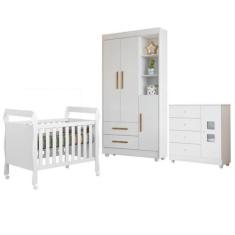 Quarto de Bebê com Berço Mini Cama, Cômoda 1 Porta 4 Gavetas e Roupeir