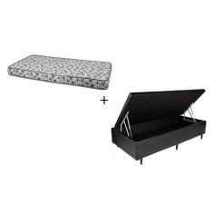 Cama Box Baú Solteiro 88 - Tecido Sintético Preto Com Colchão Nápoles Bello Box - 100% Espuma - D33 Branco 55x88x188