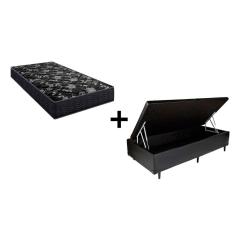 Cama Box Baú Solteiro 88 Tecido Sintético Preto com Colchão Lisboa Espuma D28 Preto
