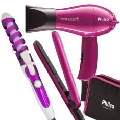 Kit Mini Secador De Cabelo Philco 1000w e Chapinha Pequeno Ps12 Com Bo