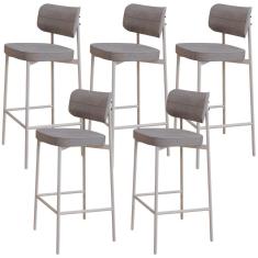 Kit 05 Banquetas Alta Bar Cozinha Sala De Jantar Aço Branco Kaira C01 Linho Cinza - Lyam Decor