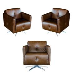 Kit 3 Poltronas Giratória para Sala de Estar Astana Couro Marrom Bicolor - Gran Belo