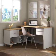 Escrivaninha Mesa Escritório em L Retrô Gold com 145cm Olmo E Branco -