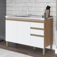Balcão de Cozinha Para Pia 120cm 3 Portas 2 Gavetas 100% MDF Madri Espresso Móveis Castanho/Branco