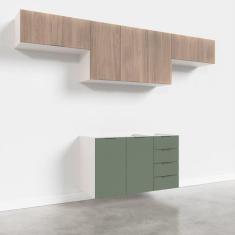 Cozinha Modulada 4 Peças Sem Tampo 3 Aéreos e 1 Balcão para Pia Ipanema CabeCasa MadeiraMadeira Acácia/Verde Folha/Branco