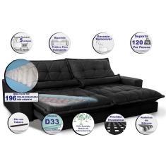 Sofa Retrátil e Reclinável 2,12m com Molas Ensacadas Cama inBox Soft Tecido Suede Preto 