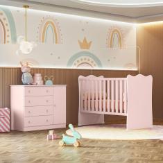 Quarto de Bebê Doce Sonho com Cômoda 2561 e Berço Simples 1 Qmovi Rosa Acetinado