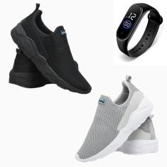 2 Tênis Masculino Esporte Academia Caminhada Conforto Dia a Dia + Relógio-Masculino