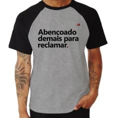 Camiseta Raglan Abençoado demais para reclamar - Foca na Moda, Cinza, 
