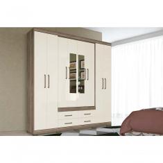 Guarda Roupa Casal Nápoles 8 Portas de Abrir 4 Gavetas Madeira com Espelho Ébano Santos Andirá