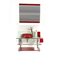 Gabinete De Vidro 60cm Curvado Duplo Inox Com Cuba Chapéu -  Vermelho