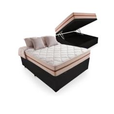 Cama Box Baú Casal Tecido Sintético Preto com Colchão Pillow Angel - Bello Box - Molas Ensacadas 62x138x188