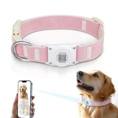 Coleira para cães Airtag QR Code - IP68 à prova d'água integrada Air Tag Suporte de coleira para cães ID - Perfil online de animais de estimação grátis - Cânhamo de algodão natural durável - Serve