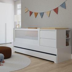 Berço Multifuncional com Cama Auxiliar Cômoda 2 Gavetas 2 Nichos Regulagem de Estrado Sol e Mar Accesso Móbile Branco