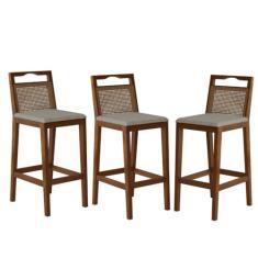 Conjunto com 3 Banquetas Madeira Maciça Rattan Vittoria Pinhão