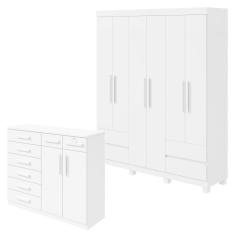 Conjunto de Guarda-Roupa 6 Portas 4 Gavetas Zeus com Pés e Cômoda 8 Gavetas 2 Portas Toronto Branco