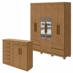 Conjunto de Guarda-Roupa 6 Portas 4 Gavetas Zeus com Espelho e com Pés e Cômoda Toronto Amêndoa Clean