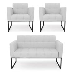 Kit 1 Sofá Namoradeira E 2 Poltronas Linho Base Metálica Industrial Preto - D`rossi Cor A05 Cinza