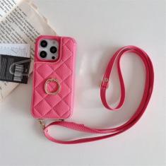 Capa carteira de couro com alça de ombro para cartão para iPhone 11 12 13 14 15 Pro Max Plus cordão capa para bolsa de telefone com anel, rosa vermelha, para iPhone 15Pro Max