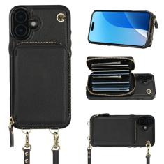 Bocasal Capa tipo carteira transversal para iPhone 16 Plus, capa de couro com bloqueio de RFID com suporte para cartão, capa protetora flip com alça de pulso com zíper para mulheres 5G 6,7 polegadas